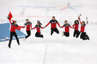 <p>Gold medalists Team Canada celebrate during the victory ceremony after the Figure Skating Team Event  Ice Dance Free Dance on day three of the PyeongChang 2018 Winter Olympic Games at Gangneung Ice Arena on February 12, 2018 in Gangneung, South Korea. (Photo by Dean Mouhtaropoulos/Getty Images) </p>