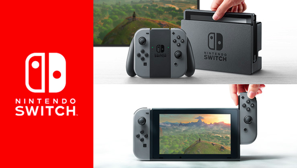 The Nintendo Switch logo in red is shown on the left while the Nintendo Switch device is shown on the right