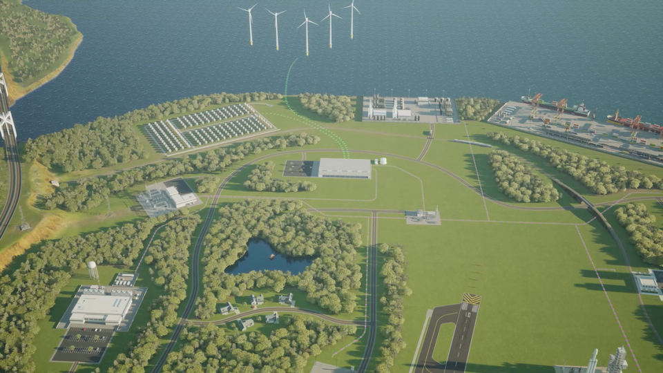 A rendering of Hy Stor Energy’s green hydrogen production facility. Renewable energy sources such as wind and solar will be used to power the plant and the electrolysis that will generate hydrogen energy.