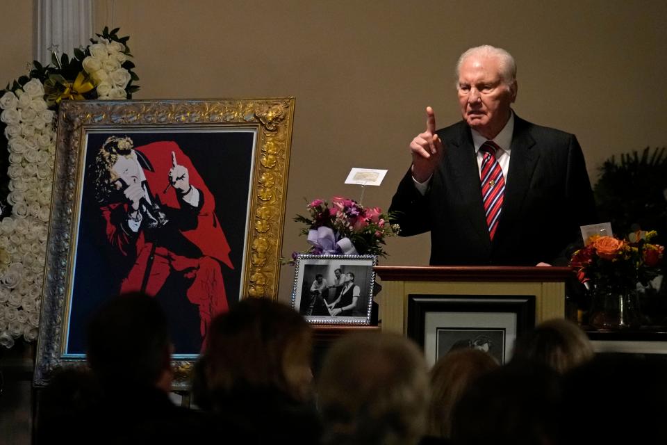 Televangelist Jimmy Swaggart speaks at the funeral service for his cousin, rock 'n' roll pioneer Jerry Lee Lewis, in Ferriday, La., Saturday, Nov. 5, 2022.