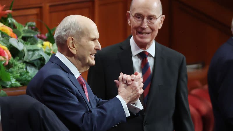 President Russell M. Nelson, president of The Church of Jesus Christ of Latter-day Saints, motions to attendees during the Sunday morning session of the church’s 192nd Semiannual General Conference in Salt Lake City on Sunday, Oct. 2, 2022. President Nelson has shared a note of gratitude in a social media post. 