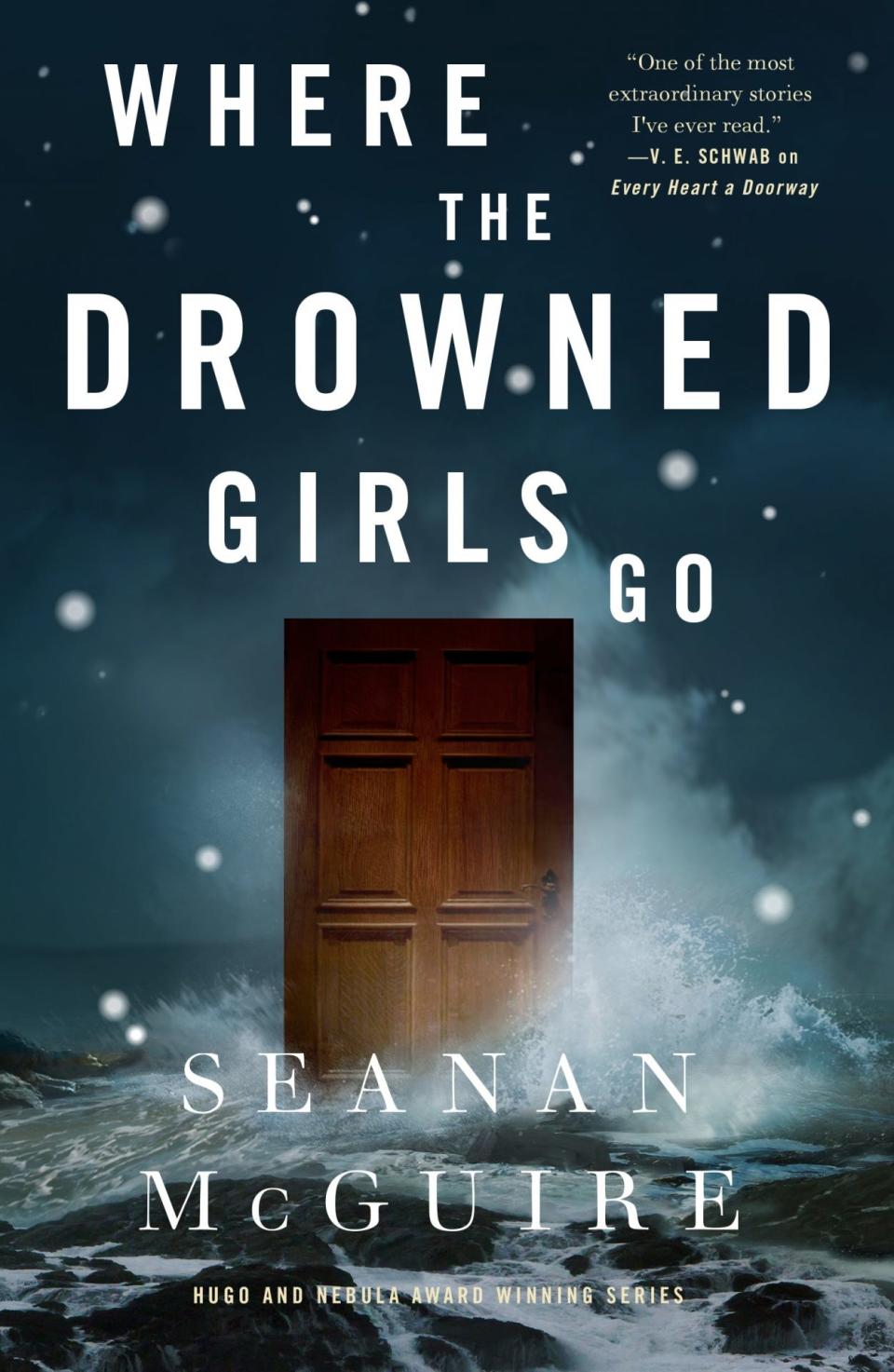 The cover for Where the Drowned Girls Go shows the title and a wooden door in the midst of a midnight blue star spotted sky