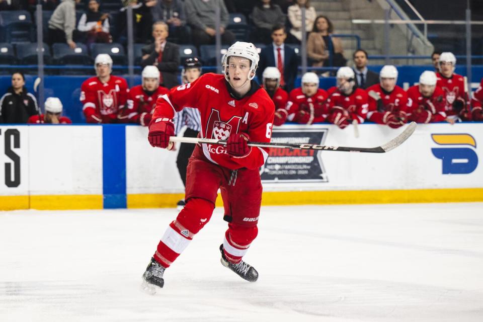 McGill Redbirds defenceman Scott Walford skates in the U Sports Cup against UBC in March. Walford signed an amateur tryout contract with the Syracuse Crunch of the AHL following the U Cup. (Matt Garies/McGill Athletics - image credit)