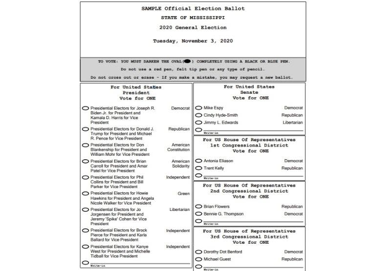 2020美國總統大選選票，以密西西比州選票為例。取自FINAL 2020 sample GE Ballot with Flag