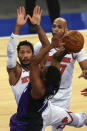 Toronto Raptors' Kyle Lowry (7) attempts a shot as New York Knicks' Derrick Rose, left, defends during an NBA basketball game at Madison Square Garden, Sunday, April 11, 2021, in New York. (Rich Schultz/Pool Photo via AP)