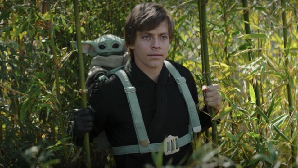 Luke Skywalker with Grogu on his back on The Book of Boba Fett