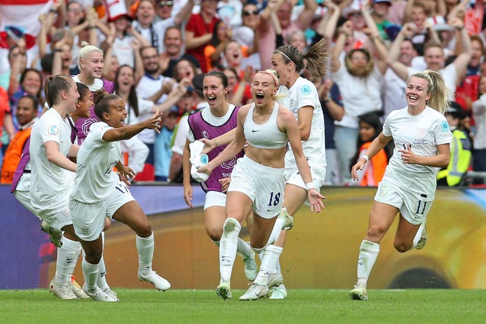 England's Chloe Kelly celebrates scoring their side's second goal of the game during the UEFA Women's Euro 2022 final at Wembley Stadium, London. Picture date: Sunday July 31, 2022.