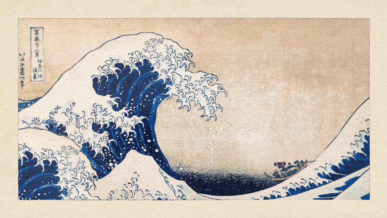  Illustrative collage of Hokusai's "The Great Wave of Kanagawa", trimmed and scaled up. The boats from the original have been replaced with one tiny boat, about to be swallowed by the wave. 