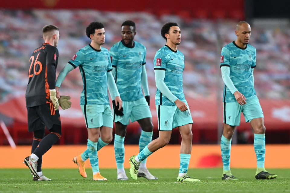 Liverpool players during their FA Cup tie with Manchester United at Old Trafford. 