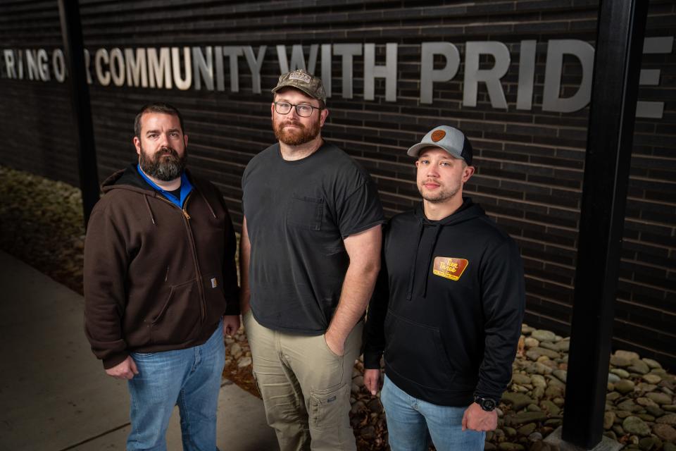 Metro Nashville Police officers who responded to the Covenant School shooting, from left, Detective Sergeant Jeff Mathes, Detective Ryan Cagle, and Detective Michael Collazo at the MNPD Headquarters in Nashville, Tenn., Friday, Dec. 8, 2023.