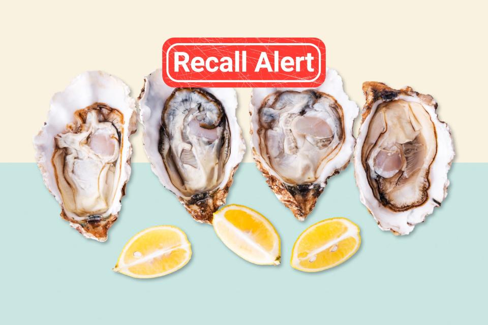 Raw oysters and lemons on a designed background with a recall button