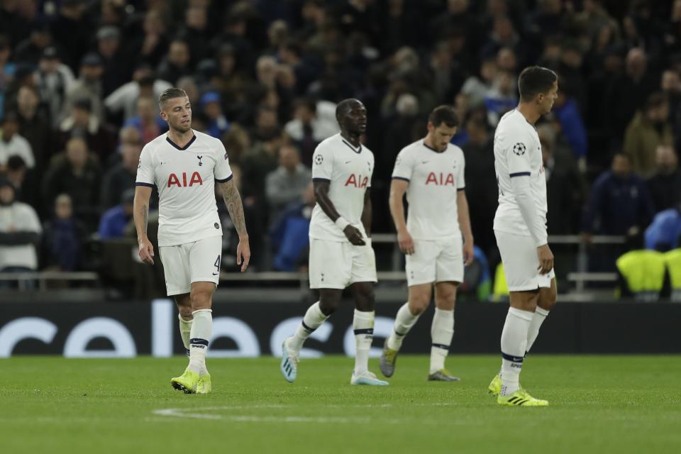 Tottenham players react after the fifth goal of Bayern during the Champions League group B soccer match between Tottenham and Bayern Munich at the Tottenham Hotspur stadium in London, Tuesday, Oct. 1, 2019. (AP Photo/Matt Dunham)