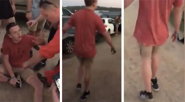 Shocked festival-goers watch in disbelief as a young lad gets up and walks away with his 'broken' foot pointing the opposite direction. Pictures: Facebook/Izzak Morris