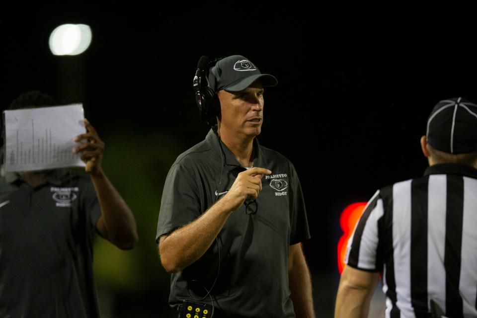 Palmetto Ridge’s head coach Paul Giovine reacts during the second half of the FHSAA non-district football game between Palmetto Ridge and Barron Collier, Friday, Sept. 2, 2022, at Barron Collier High School in Naples, Fla.Barron Collier defeated Palmetto Ridge 35-8.
