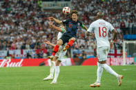 <p>Croatia versus England; Luka Modric of Croatia and Harry Kane of England fighting for the ball (photo by Ulrik Pedersen/Action Plus via Getty Images) </p>