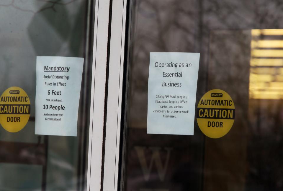 Some Hobby Lobby stores have posted signs saying they were open because they were an essential business.