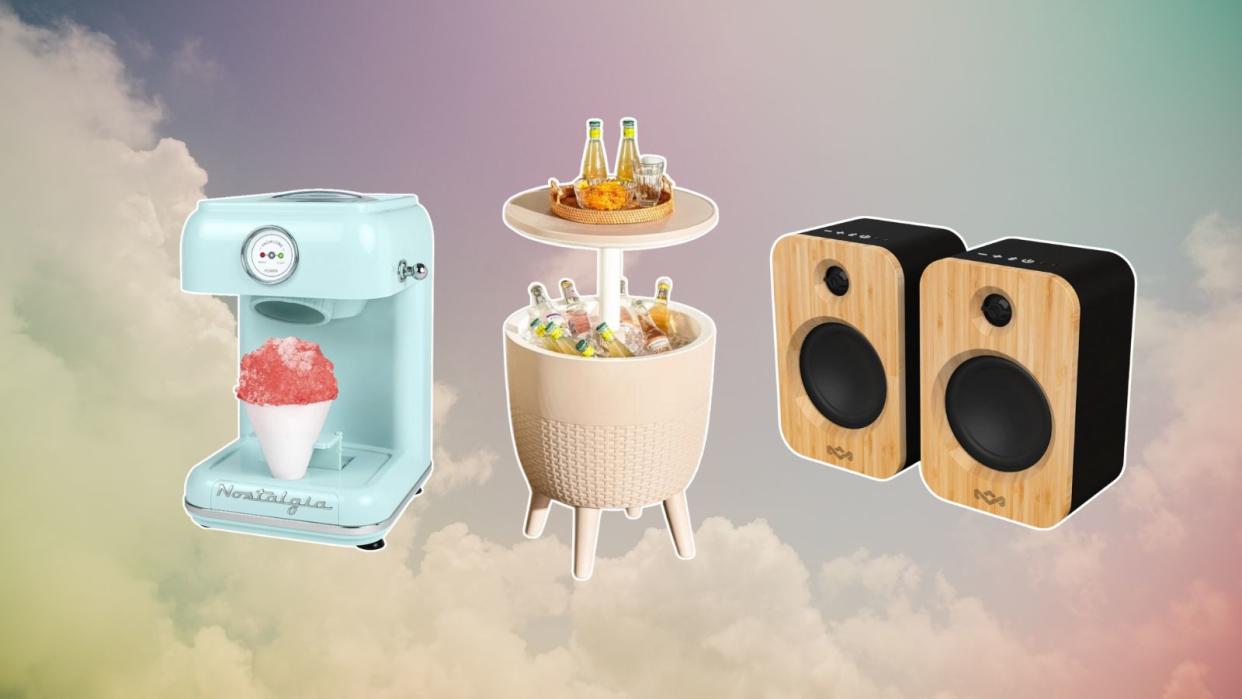  A snow cone maker, cooler, and speakers, all outdoor essentials, on a multicolored sky background. 