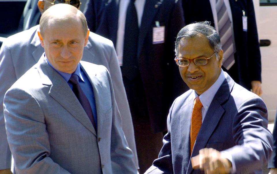 Ms Murty is the daughter of Indian billionaire NR Narayana Murty, pictured here with Vladimir Putin, the Russian President - INDRANIL MUKHERJEE 