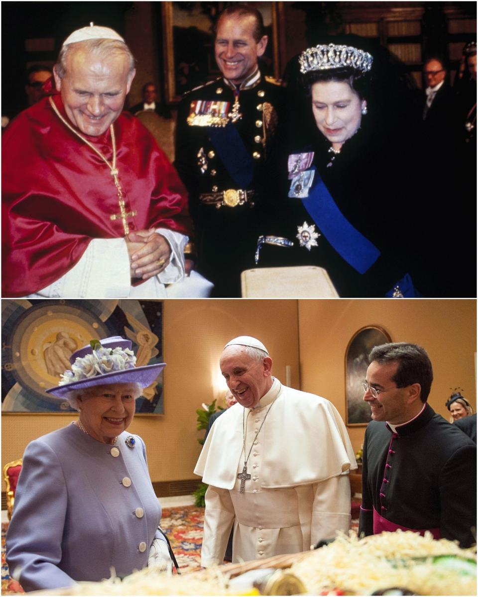 Britain's <a href="http://www.huffingtonpost.com/topic/queen-elizabeth">Queen Elizabeth II</a> presented gifts to Pope Francis in lavender&nbsp;at the Vatican in&nbsp;2014. The protocol-conscientious queen, who is Supreme Governor&nbsp;of the Church of England, always wore formal black when meeting previous popes at the Vatican&nbsp;-- <a href="http://abcnews.go.com/International/photos/queens-papal-meetings-years-23175981/image-23176134" target="_blank">often with&nbsp;a tiara</a>, even! She&nbsp;broke out her <a href="https://crushmonkey.files.wordpress.com/2012/06/queens-color-chart.jpg" target="_blank">color wheel</a>&nbsp;only after Pope Francis relaxed the dress code.