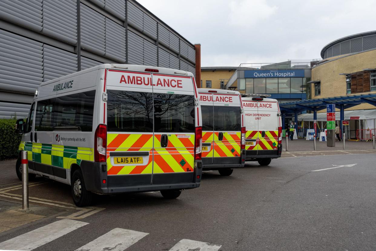 Ambulances at the Queen's Hospital in Romford, London Borough of Havering, UK