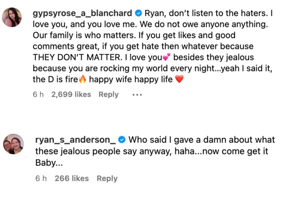 Screengrabs of Gypsy Rose Blanchard's and Ryan Anderson's comments.