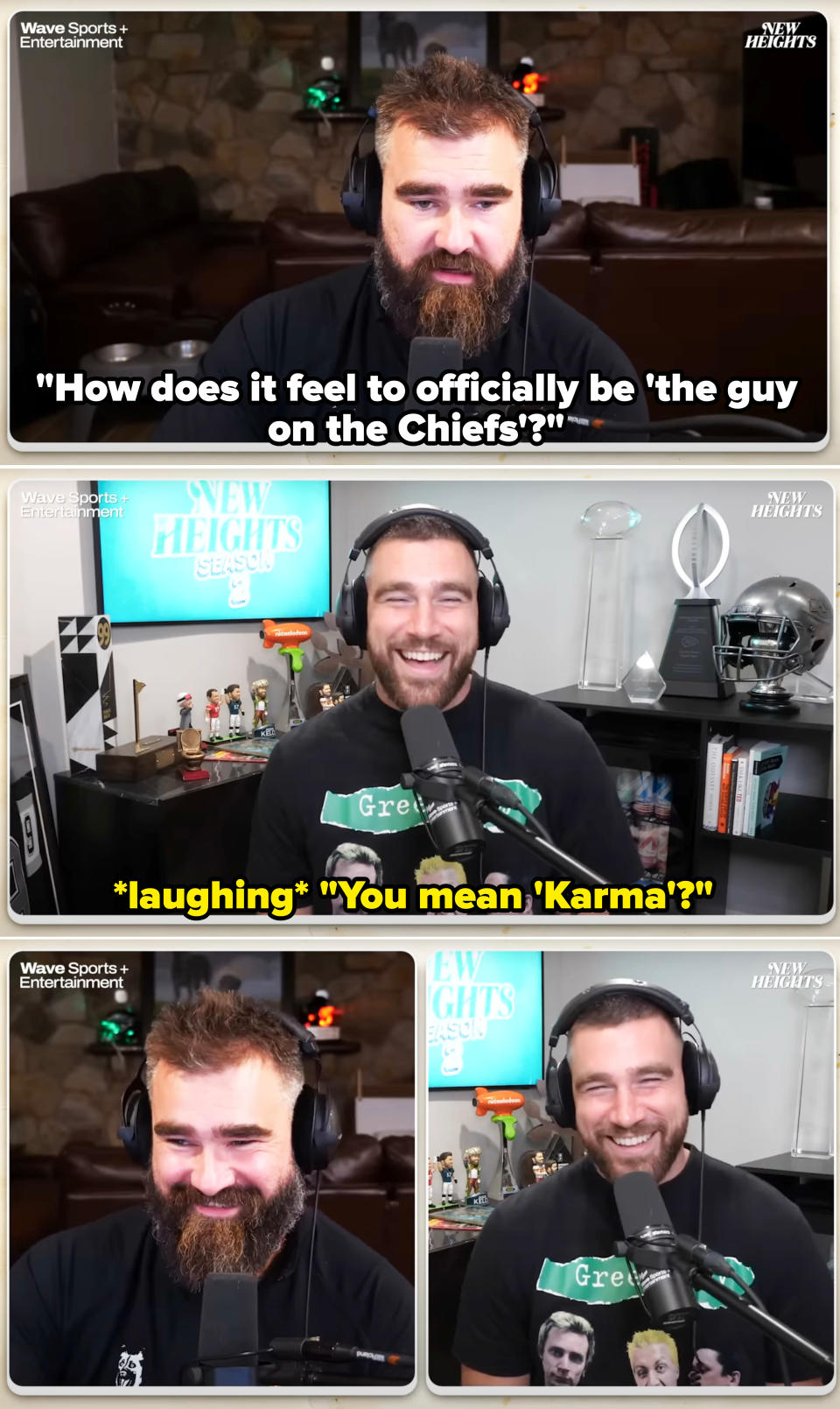 Closeup of Jason and Travis Kelce on their podcast