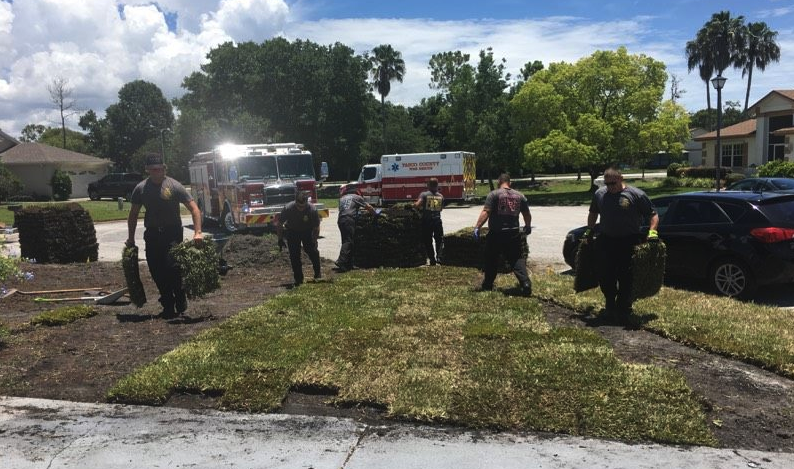 Pasco County Fire Rescue of Florida returned to a home to help lay sod after a man suffered a massive heart attack. (Photo: Melissa Ann Work via Facebook)