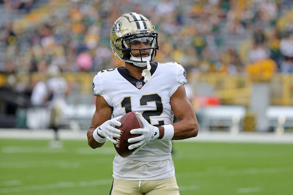 Chris Olave #12 of the New Orleans Saints has fantasy upside