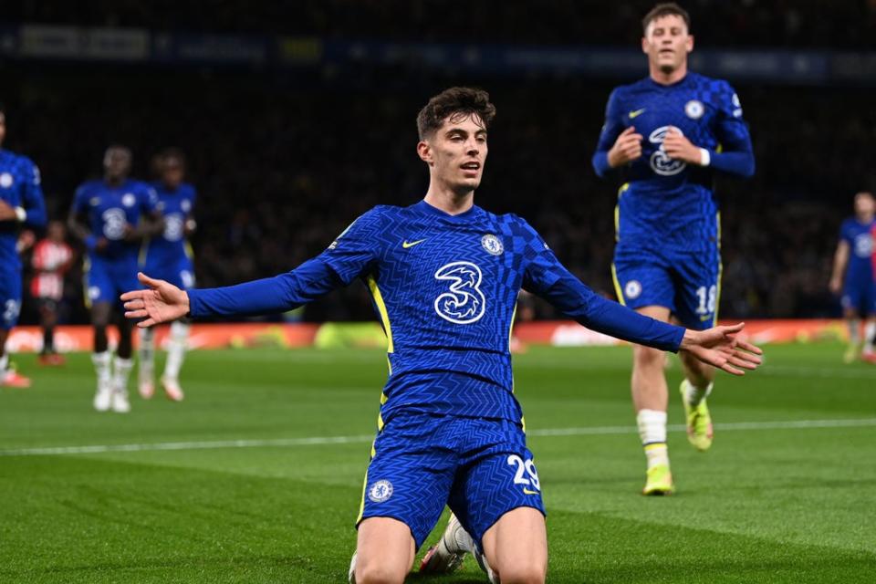 Kai Havertz celebrats scoring for Chelsea against Southampton in the Carabao Cup (Chelsea FC via Getty Images)