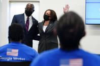 Vice President Kamala Harris stands with Sen. Raphael Warnock, D-Ga., as she speaks at a COVID-19 vaccine pop-up center at Ebenezer Baptist Church, Friday, June 18, 2021, in Atlanta. (AP Photo/Jacquelyn Martin)