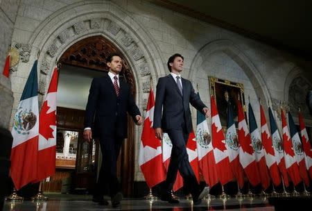 Canada's Prime Minister Justin Trudeau (R) and Mexico's President Enrique Pena Nieto arrive at a news conference on Parliament Hill in Ottawa, Ontario, Canada, June 28, 2016. REUTERS/Chris Wattie