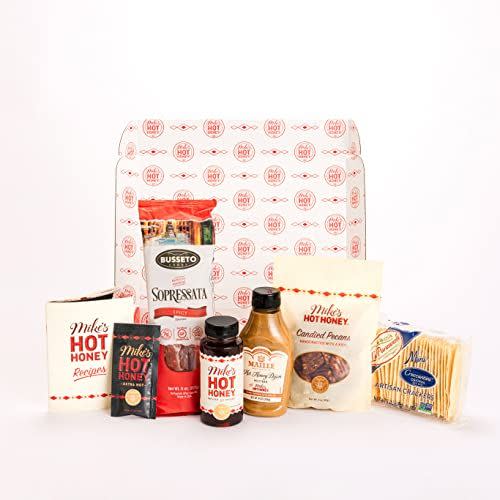 45) Mike’s Hot Honey Gourmet Gift Basket - Mike's Hot Honey, Artisan Sausage, Candied Nuts, Sea Salt Crackers, Dijon Mustard - Everything but the Cheese