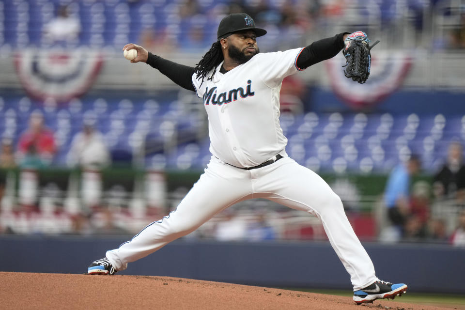 Miami Marlins starting pitcher Johnny Cueto throws during the first inning of a baseball game against the Minnesota Twins, Monday, April 3, 2023, in Miami. (AP Photo/Lynne Sladky)