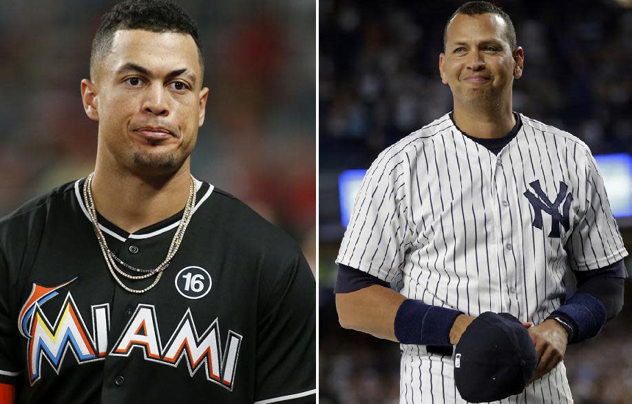 Giancarlo Stanton (left) and Alex Rodriguez (right) have a lot in common. That will soon include being reigning MVPs traded to the Yankees. (AP)