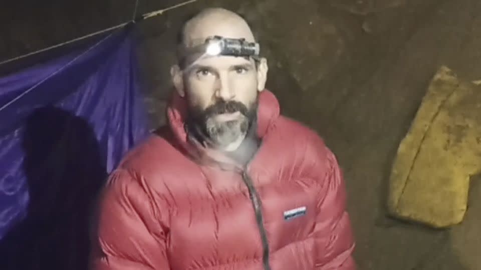 American caver Mark Dickey, talks to camera inside the Morca cave near Anamur, southern Turkey, on September 7, 2023.
 - Turkish Government Directorate of Communications/AP