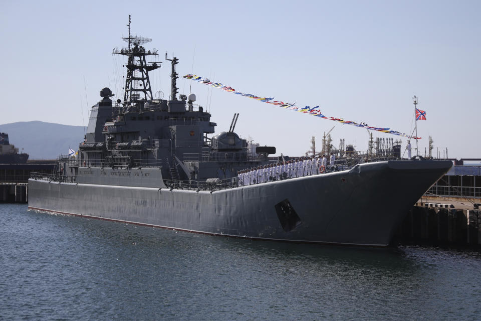 The Olenegorsky Gornyak warship stands moored at a harbour of Novorossiysk, Russia, Sunday, July 30, 2023. Russia accused Ukraine early Friday Aug. 4, 2023 of attacking its Black Sea navy base in the port of Novorossiysk with sea drones. The mayor of Novorossiysk, Andrey Kravchenko, said the crews of the Olenegorsky Gornyak and Suvorovets ships “immediately reacted to the attack and helped to avoid consequences.” (AP Photo)