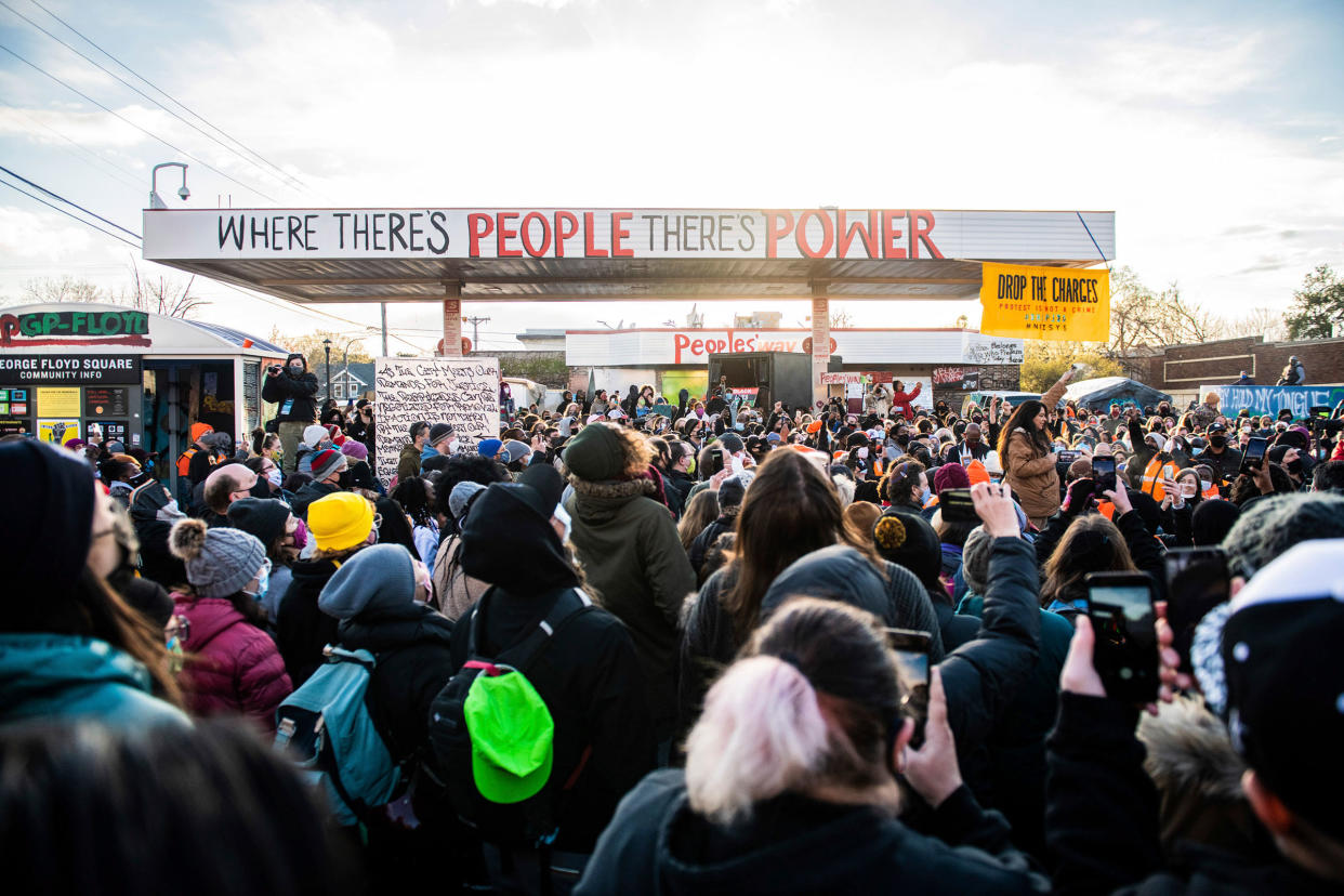 People react to the Derek Chauvin Trial Verdict at George Floyd Square, the corner of 38th Street and Chicago Avenue in Minneapolis, Minn. on April 20, 2021.