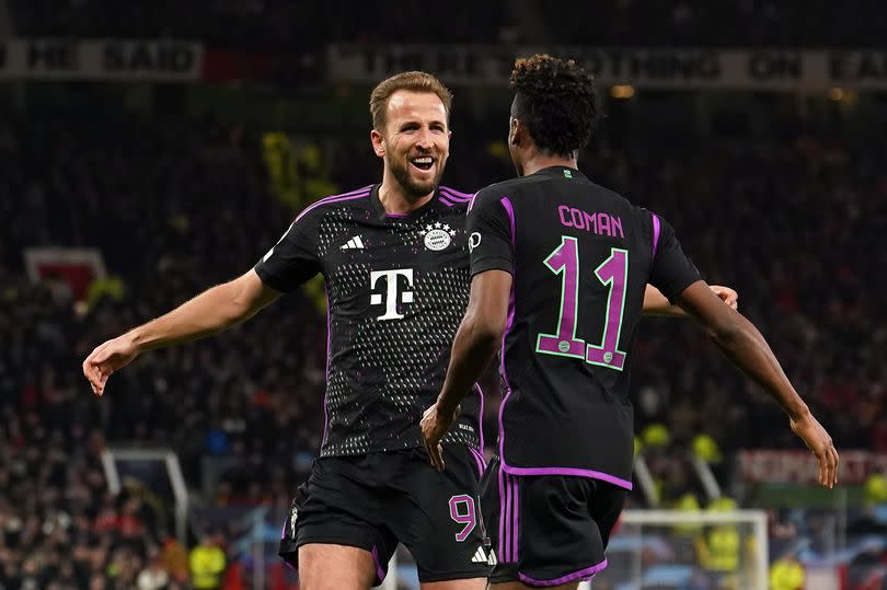 Kingsley Coman celebrates his goal with Harry Kane, left