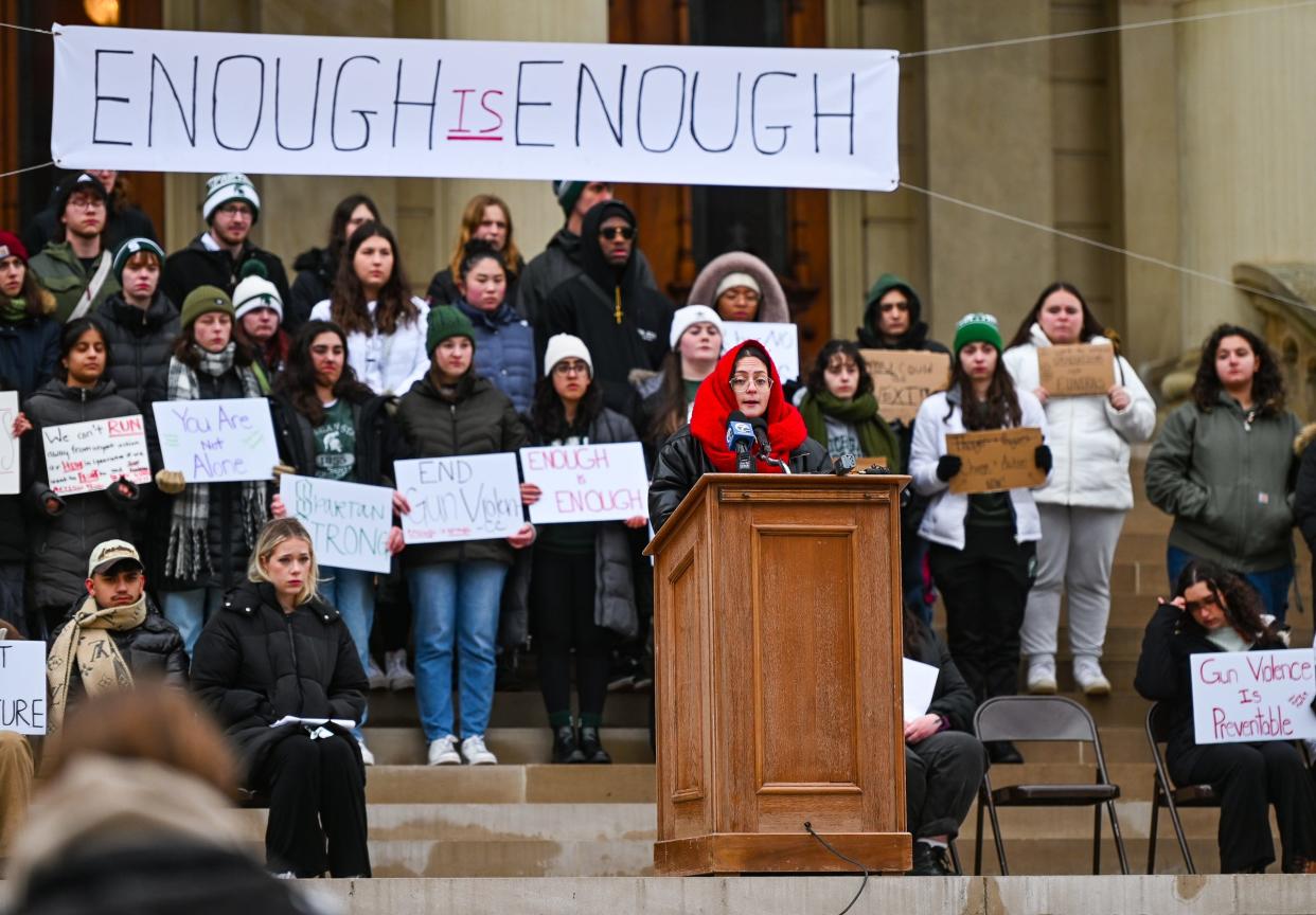 Michigan State University senior Alissa Hakim speaks out against gun violence on Thursday, Feb. 15, 2024, during a student-led rally against gun violence at the state Capitol in Lansing.