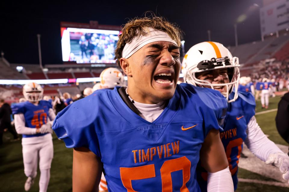 Timpview’s Jalen Namulauti celebrates after beating Bountiful in the 5A high school football championship at Rice-Eccles Stadium in Salt Lake City on Friday, Nov. 17, 2023. | Spenser Heaps, Deseret News