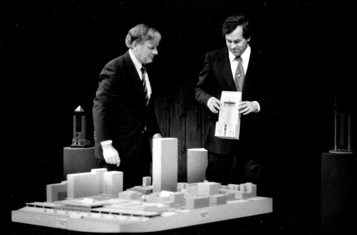 David Jones and Wendell Cherry in 1982, when Michael Graves' design for the Humana Building was first shown.