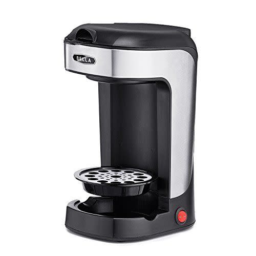 <p><strong>BELLA</strong></p><p>amazon.com</p><p><strong>$19.99</strong></p><p>This single-serve coffee maker <strong>uses a small reusable filter so no pods or paper filters are required.</strong> It has a 14-ounce water tank and can make a larger cup of coffee which is great for filling your travel mug. Unlike most coffee machines that accommodate travel mugs but cause splashing with a shorter mug, this coffee maker is equipped with an adjustable drip tray that you can adjust to the height of your mug. The small footprint and compact design also make it ideal if you have limited counter space or need to store it when finished. </p>