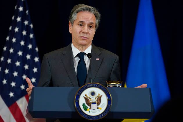 Secretary of State Antony Blinken pauses during a news conference with Ukrainian Foreign Minister Dmytro Kuleba, not pictured, at the State Department in Washington, D.C., on Tuesday. (Photo: CAROLYN KASTER via Getty Images)