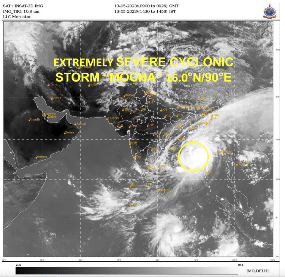 This satellite image provided by India Meteorological Department shows storm Mocha intensify into an extremely severe cyclonic storm. Authorities in Bangladesh and Myanmar prepared to evacuate hundreds of thousands of people Friday, warning them to stay away from coastal areas as a severe cyclonic storm churned in the Bay of Bengal. Cyclone Mocha was moving toward the coasts of southeastern Bangladesh and Myanmar with wind speeds of up to 200 kilometers (125 miles) per hour and gusts up to 220 kph (136 mph), the Indian Meteorological Department said. It's projected to make landfall on Sunday evening in an area between between Cox’s Bazar in Bangladesh and Kyaukpyu in Myanmar. (India Meteorological Department via AP)