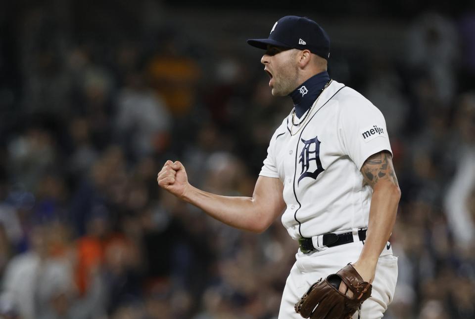 Detroit Tigers pitcher Alex Lange celebrates after the team's 3-1 win over the Chicago White Sox in a baseball game Saturday, Sept. 9, 2023, in Detroit. (AP Photo/Duane Burleson)