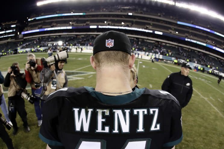 Carson Wentz faces big expectations going into his second season. (AP)