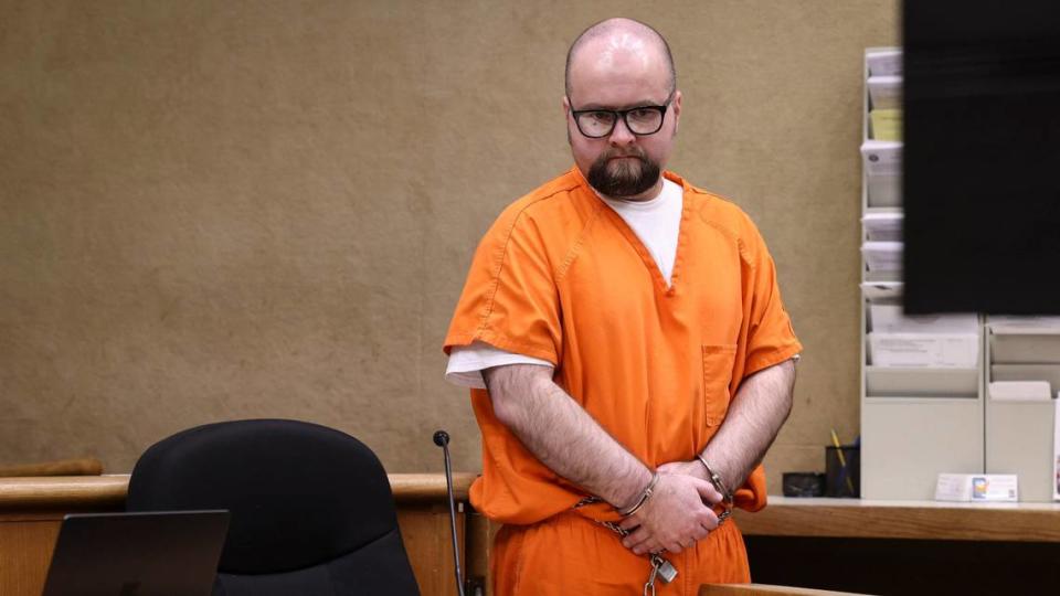 Patrick W. McDuffee II listens on April 25, 2024, as he is sentenced to prison for second-degree murder for the fatal DUI collision that killed Glenn Owens and injured Susan Owens. McDuffee addressed the family and expressed regret for his actions. David Middlecamp/dmiddlecamp@thetribunenews.com