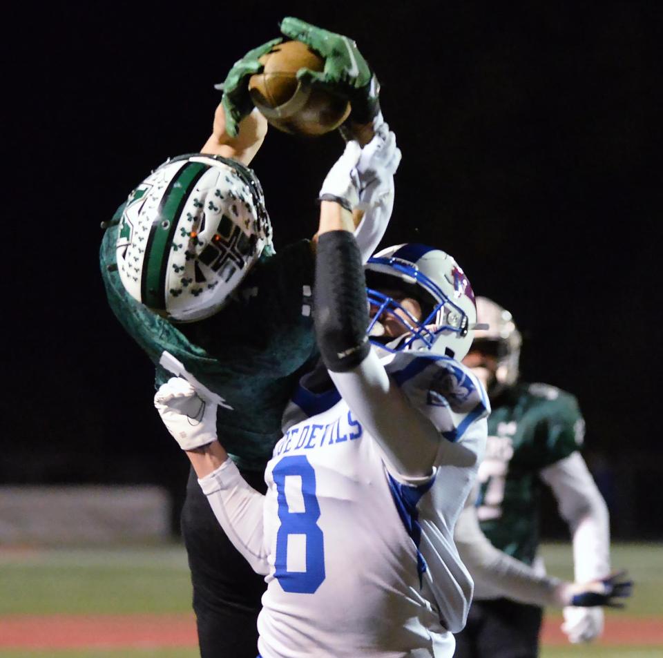 Mercyhurst Prep senior Jeremy Ganska, top, makes a nice catch near Sharpsville senior Killian Whalen during the District 10 Class 2A semifinals at Fairview High School on Nov. 11.