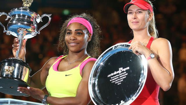 Serena and Sharapova after the 2015 Australian Open final. Image: Getty