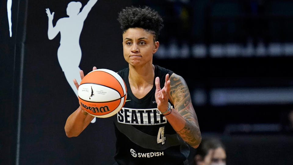 Seattle Storm's Candice Dupree in action against the Las Vegas Aces during a WNBA basketball game Saturday, May 15, 2021, in Everett, Wash. (AP Photo/Elaine Thompson)